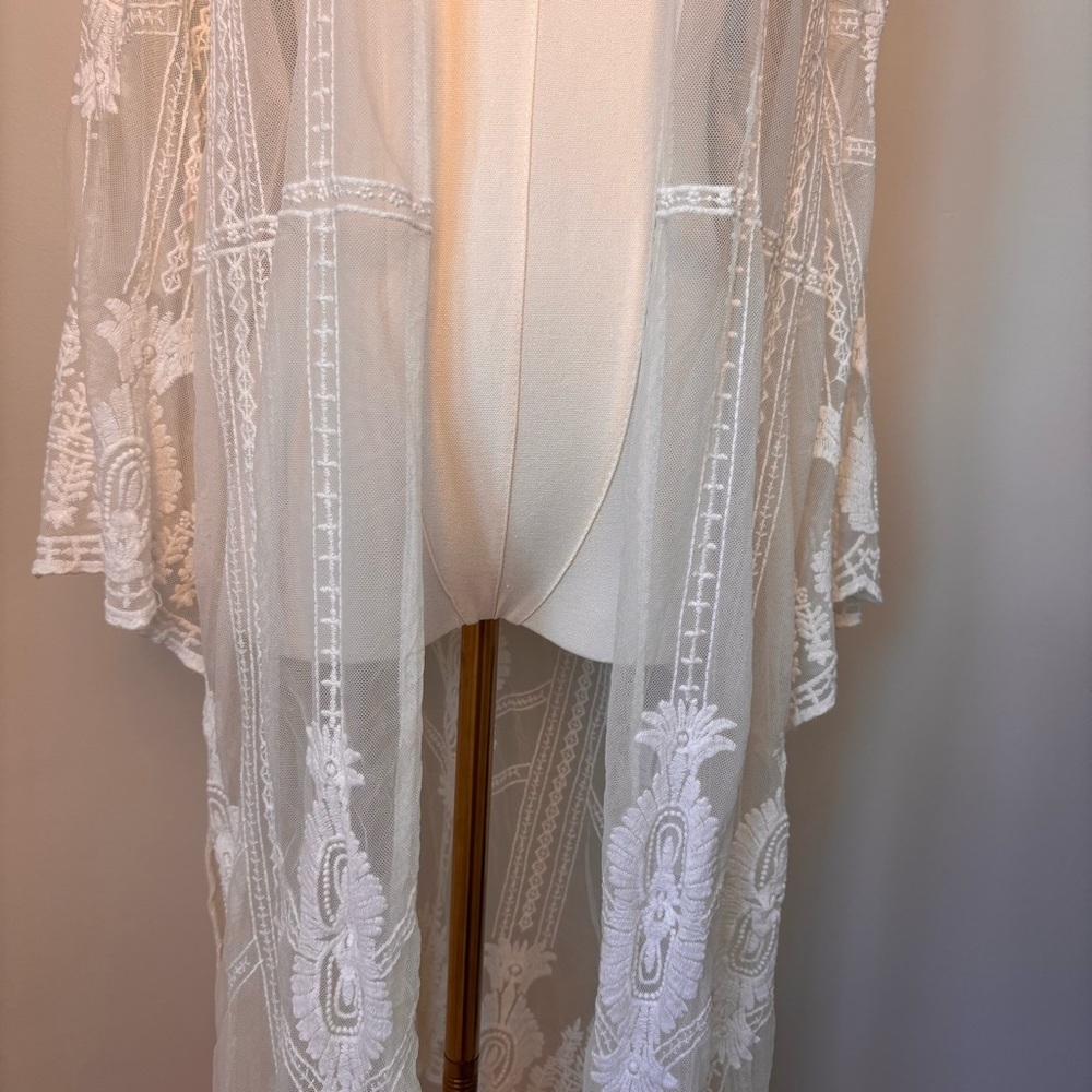 Artesian Boho Shear White Embroidered Lace Maxi Kimono 3/4 Flair Sleeve Sz XL - Picture 3 of 14